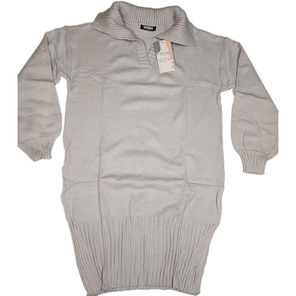 NEW BTFBM Women’s Gray Ribbed Collared Balloon Sleeve SWEATER DRESS! (XP0005)